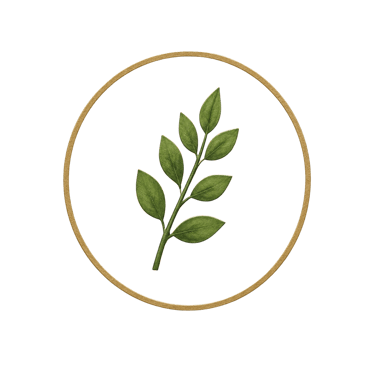 Elegant green botanical leaf sprig inside a minimalist gold circular frame on a black background.