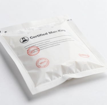 Straight-on close-up of certified medical supplies, sterile packaging with official inspection stamps, high-key clinical studio lighting, sharp focus.