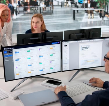 professional team managing compliance documents contracts and project operations in a modern office 
