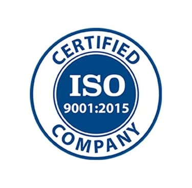 Blue and white ISO 9001:2015 certified company seal for quality management standards.