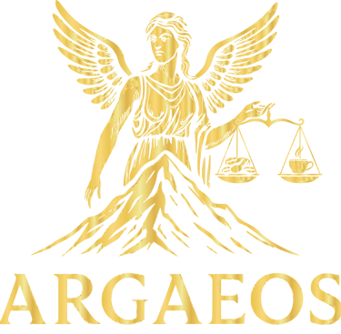 Golden Argaeos logo featuring a winged goddess with scales, coffee beans, and a mountain peak.