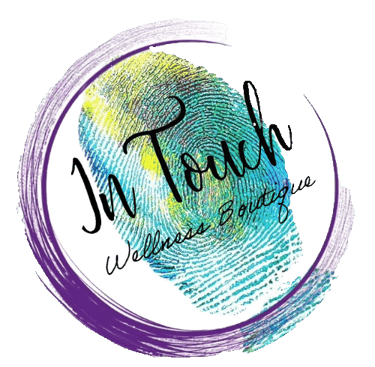 In Touch Wellness Boutique logo featuring a colorful fingerprint inside a purple circular brush stroke.