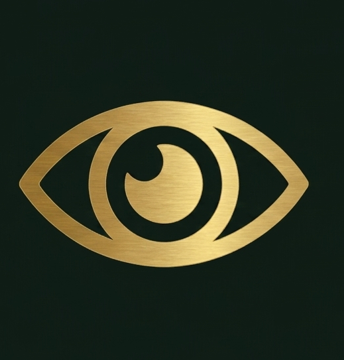 Elegant gold brushed metal eye icon symbol isolated on a dark forest green background.