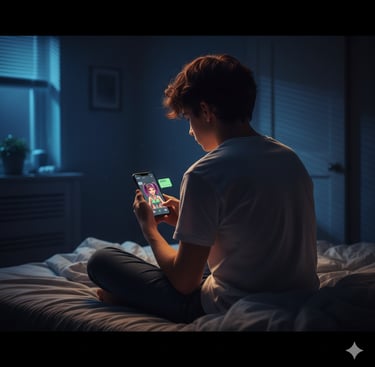boy looking at an AI companion in a room therapy with Paula Fontenelle