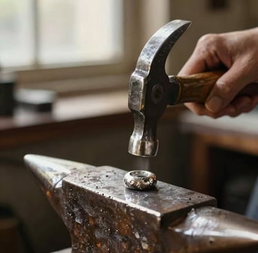 Extreme macro shot of artisan hands working with raw silver, hammer hitting metal on an anvil, warm directional side-light from a workshop window, rich textures, 35mm