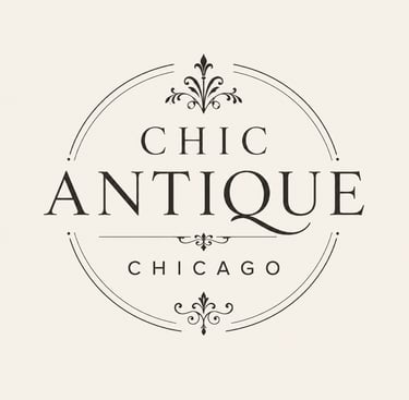 Elegant Chic Antique Chicago logo with vintage flourishes and circular decorative border.
