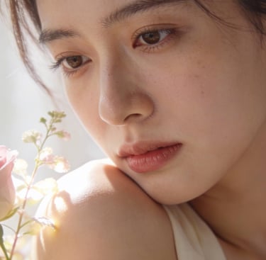 « Femme sensible et sereine contemplant une rose, image symbolique de guérison émotionnelle>>