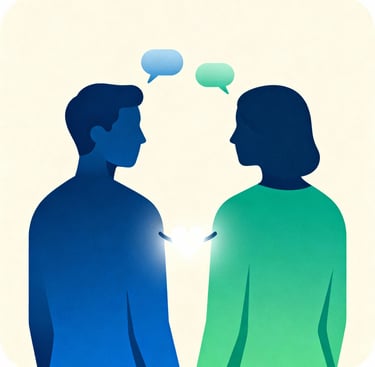 « Illustration deux personnes face à face en échange, symbolisant des relations saines>>