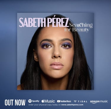 Sabeth Pérez Searching for Beauty jazz album cover art featuring a close-up portrait of the artist.