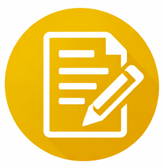 Yellow circle icon with white paper document and pencil for blogging or editing content.
