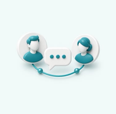 3D icon showing two real estate broker profiles connected by a conversation bubble.