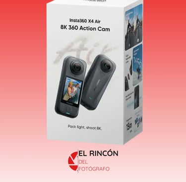 Insta360 X4 Air 8K 360 Action Cam retail box featuring dual lenses and waterproof design.