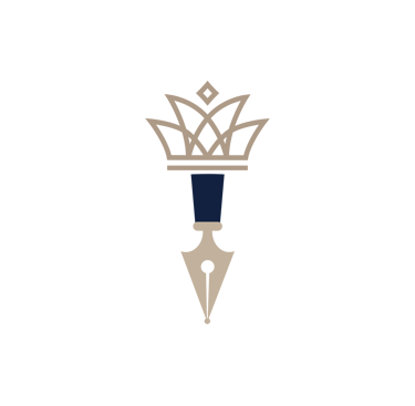 Elegant gold fountain pen nib logo topped with a royal crown on a black background.