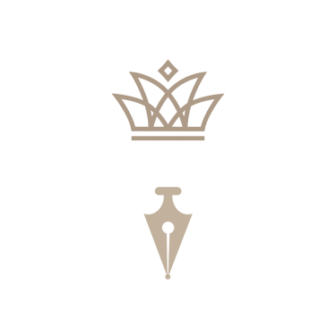 Elegant gold and white fountain pen nib logo with a crown icon on a black background.