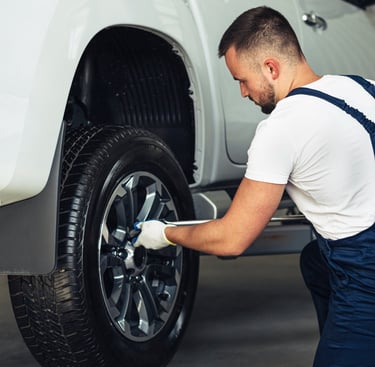 Professional mechanic changing a car tire on a white pickup truck in an auto repair shop.