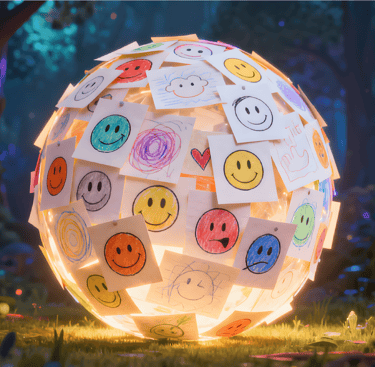 Little Kids Feelings section with calming visuals of a brain and heart shapes, offering gentle emoti