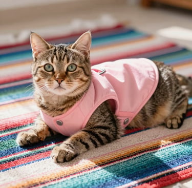 Gato que se parece a garfield acostadocon un chaleco rosa y botones metalicos plateados, está sobre un tapquete de colores