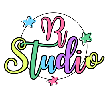Colorful R Studio logo in cursive font with pastel stars on a black background.