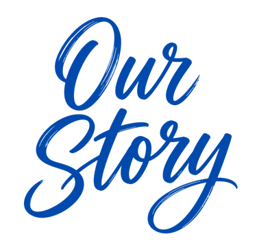 Handwritten blue brush script text reading “Our Story” in a stacked two-line layout on a clean white background.