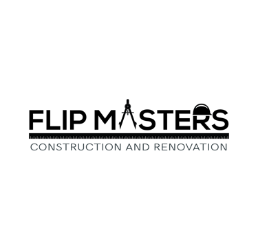 Construction and renovation logo featuring a drafting compass and ruler icon on a black background.