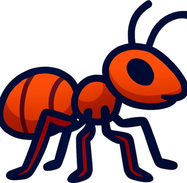 A stylized red ant cartoon illustration with black outlines on a transparent background.