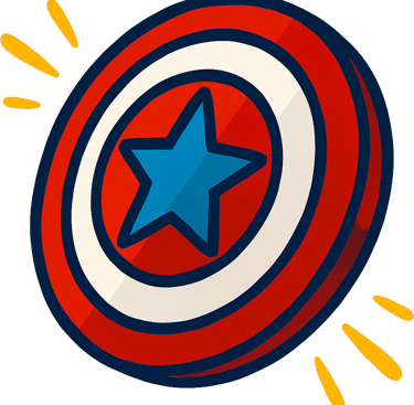 Red and white circular superhero shield with a blue star icon in a flat cartoon style.