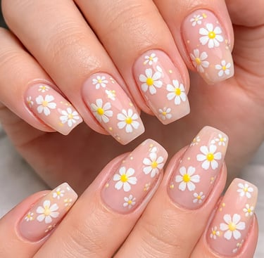Nude square-shaped coffin nails featuring white daisy floral nail art designs on a neutral base.
