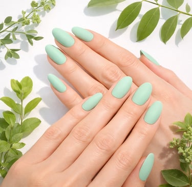 A hand with a mint green matte manicure and almond-shaped nails surrounded by fresh green leaves.