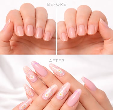 Before and after comparison of short natural nails transformed into long almond acrylic nails with floral nail art.