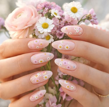 Almond shaped spring manicure with daisy floral nail art holding a bouquet of pink roses and daisies.