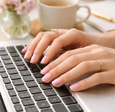 Close-up of hands with a light pink French manicure typing on a laptop keyboard near a coffee cup.