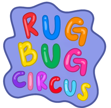 Colorful bubble letter logo for Rug Bug Circus featuring playful multi-colored typography.