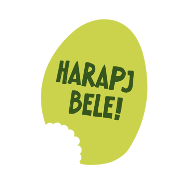 Zöld harapott matrica illusztráció magyar nyelvű felirattal: Harapj Bele fehér háttérrel.