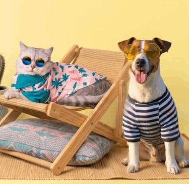 Un simpático gato y un perro con gafas de sol y ropa de verano posando en una silla de playa.