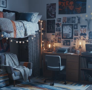 Cozy aesthetic dorm room featuring a lofted bed, fairy lights, and a vintage-style desk with a record player.