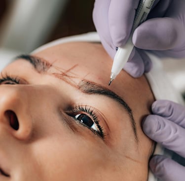 Técnica profesional realizando el mapeo de cejas para microblading en una mujer para maquillaje perm