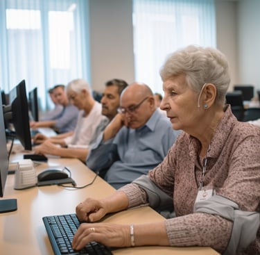 A group of elders learning how to use a computer