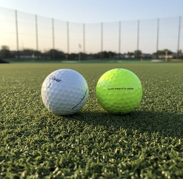White Titleist Pro V1 and yellow Pro V1x golf balls sitting on artificial turf at a driving range.