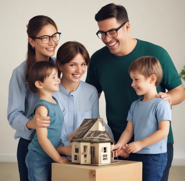 A happy family reviewing their investment plans together at home.