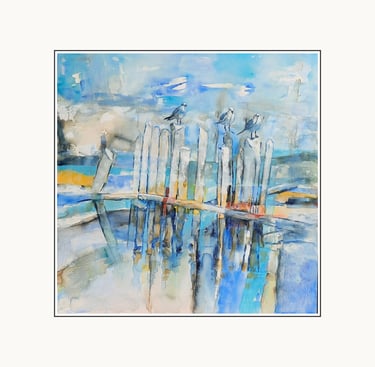 Méditation by Coby Hurtak. Abstract painting of seagulls on wooden posts reflecting in blue water.