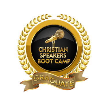 Golden Christian Speakers Boot Camp Graduate seal with a microphone and laurel wreath.
