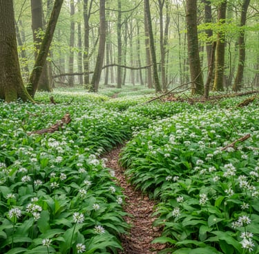 A narrow dirt path winding through a lush green forest floor covered in white wild garlic flowers.