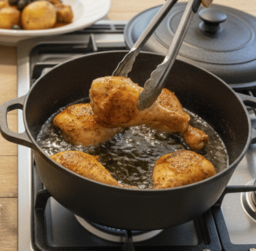 Tongs flipping seasoned chicken drumsticks frying in a black cast iron dutch oven on a gas stovetop.