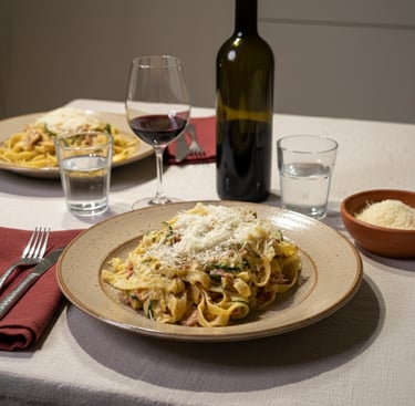Fresh fettuccine pasta with zucchini and parmesan cheese served with red wine.