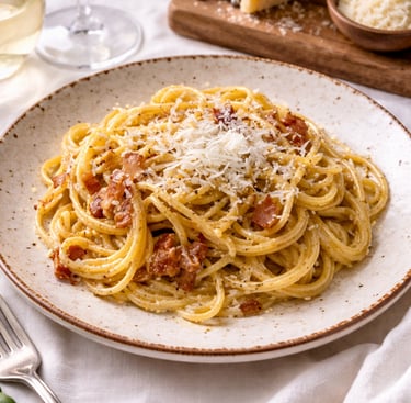 Authentic spaghetti carbonara with crispy guanciale and grated pecorino cheese on a rustic plate.