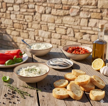 Mediterranean appetizers with crostini, fresh ricotta cheese, red peppers, and olive oil on a wooden table.