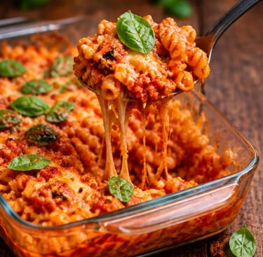 Cheesy baked pasta casserole with tomato sauce and fresh basil in a glass baking dish.