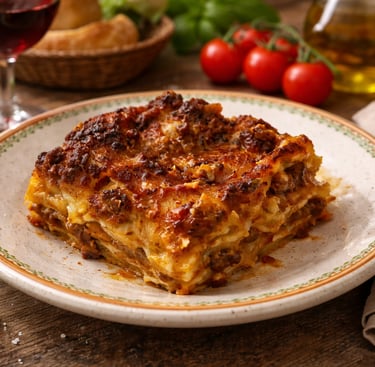 A square serving of cheesy homemade beef lasagna on a plate with red wine and fresh tomatoes.