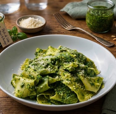 Fresh pappardelle pasta tossed in homemade basil parsley pesto with parmesan cheese.