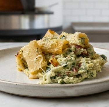 Baked rigatoni pasta with creamy pesto sauce and melted cheese on a marble table.
